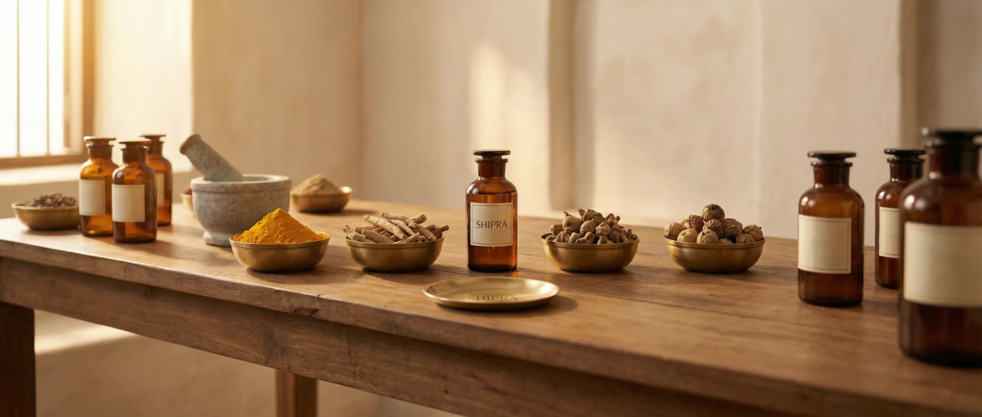 Shipra Ayurvedic manufacturing facility with herbs and laboratory equipment